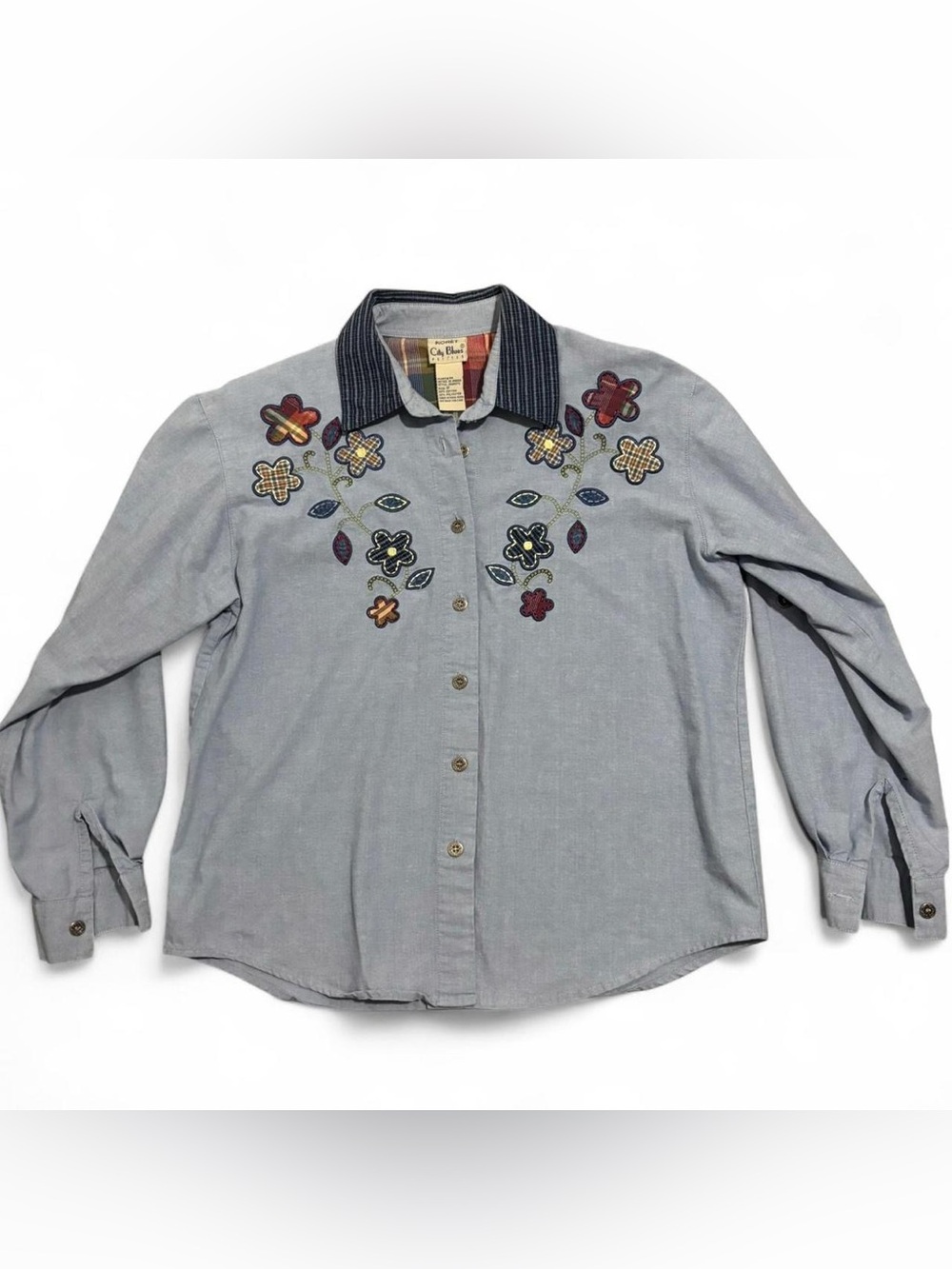Vintage Floral Patchwork & Embroidered Denim Button-up, Size Small